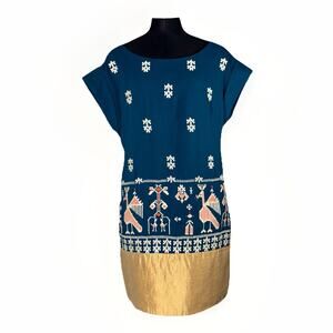 Anthropologie Sz 4 Floreat Avian Myth Embroidered Shift Dress Teal Gold Folk Art